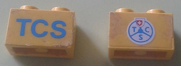 Lego Brick 1 x 2 with Blue 'TCS' and TCS Logo on Reverse Pattern (Stickers) - Set 1589-2 / Yellow