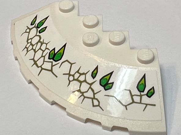 Lego Brick, Round Corner 6 x 6 with Slope 33 Edge, Facet Cutout with Green and Lime Crystals and Scales with Olive Green Cracks Pattern (Sticker) - Set 70679 / White