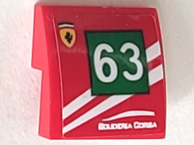 Lego Slope, Curved 2 x 2 x 2/3 with Ferrari Logo, 'SCUDERIA CORSA', White Stripes and Number 63 in Green Square Pattern Model Left Side (Sticker) - Set 75886 / Red
