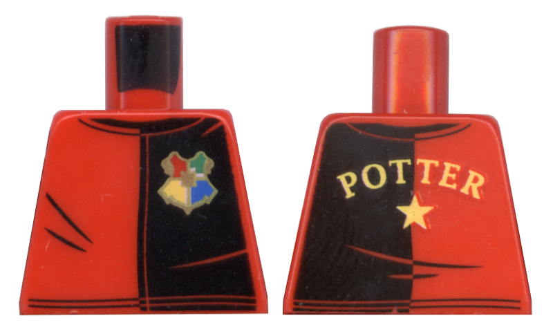 Lego Torso Shirt with Black Left Half, Hogwarts Emblem, and Yellow 'POTTER' and Star on Back Pattern / Red