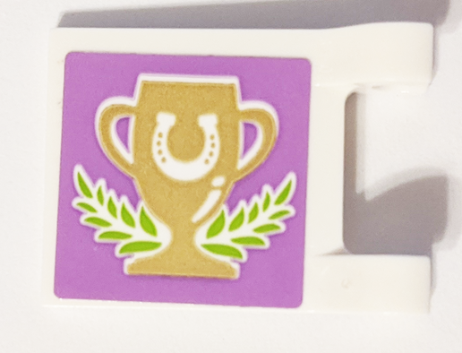 Lego Flag 2 x 2 Square with Flat Edge with Horseshoe on Gold Trophy with Laurels Pattern (Sticker) - Set 41126 / White