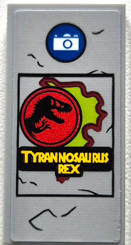 Lego Tile 2 x 4 with Yellow 'TYRANNOSAURUS REX', Black and Red Jurassic World Logo, Lime Isla Nublar Map and White Camera in Blue Circle Pattern (Sticker) - Set 76956 / Light Bluish Gray