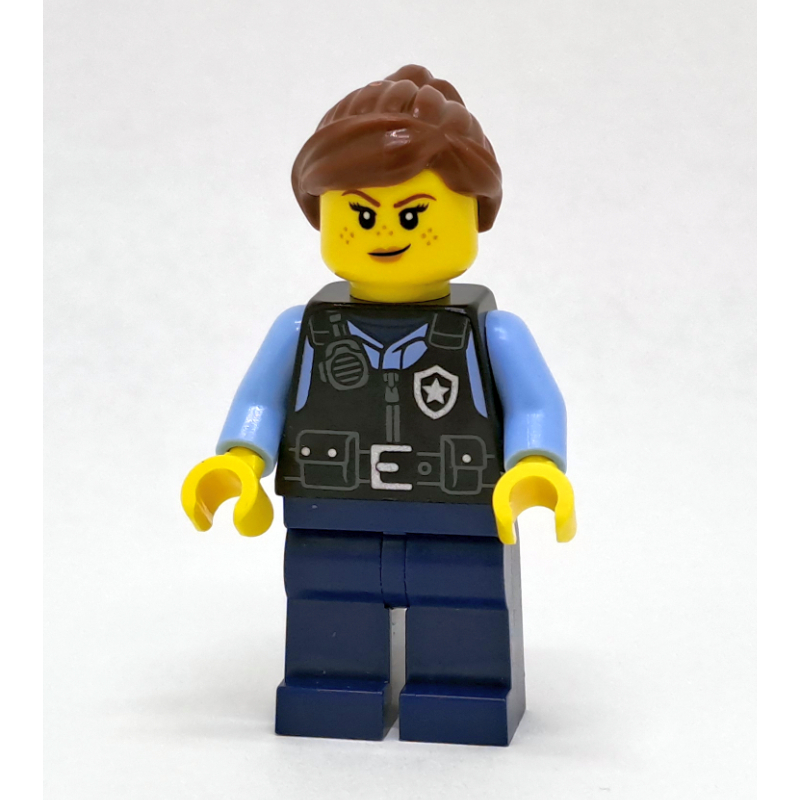 Lego Police Officer Lucy Lawson - Black Torso, Dark Blue Legs, Reddish Brown Hair