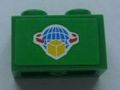 Lego Brick 1 x 2 with Box and Arrows and Globe on Green Background Pattern (Sticker) - Set 7733 / Green