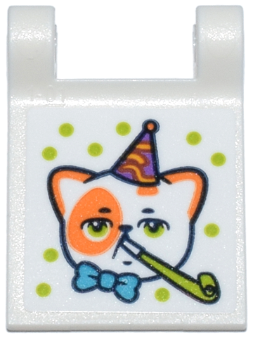 Lego Flag 2 x 2 Square with Flared Edge with Churro the Cat, Hat, Bow Tie and Lime Party Blower and Dots Pattern (Sticker) - Set 42666 / White