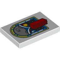 Lego Tile 2 x 3 with Blue Arched Window, Moon Surface, Red Brick Print / White