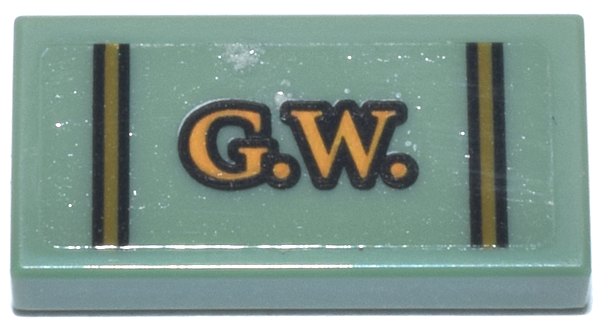 Lego Tile 1 x 2 with Bright Light Orange and Black 'G.W.' and Thin Lines Pattern (Sticker) - Set 76437 / Sand Green