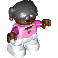Lego Duplo Figure Child with Pigtails Black, with Bright Pink Top with Dark Pink Heart and Sleeves - Dark Brown Face and Hands - White Legs