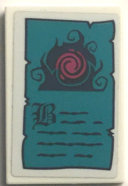 Lego Tile 2 x 3 with Dark Turquoise Paper, Dark Blue and Magenta Elves Portal and Writing Pattern (Sticker) - Set 41194 / White