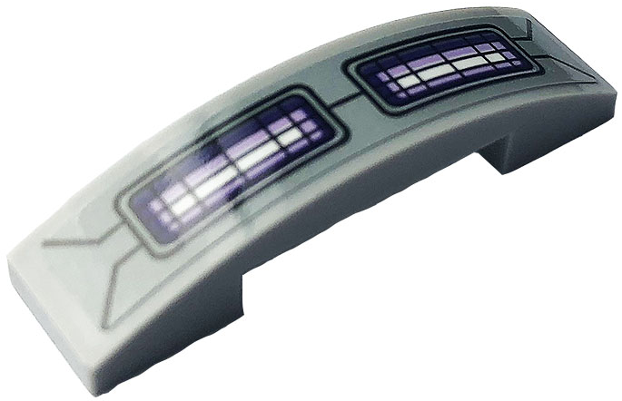 Lego Slope, Curved 4 x 1 x 2/3 Double with White and Purple Grilles and Black Lines Pattern (Sticker) - Set 76084 / Light Bluish Gray