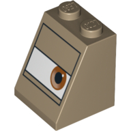 Lego Brick Sloped 65° 2 x 2 x 2 with Bottom Tube and Eye, Brown in White Rectangle Print (Sarge) / Dark Tan