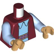Lego Torso, Dark Red Vest, Bright Light Blue Shirt, Collar, Dark Purple Belt, Gold Pattern Print, Bright Light Blue Arms, Warm Tan Hands / Dark Red