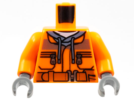 Lego Torso Construction Jacket over Sand Blue Hoodie, Reflective Stripe, Zipper Pockets, Dark Orange Belt with Pouch and Radio, NO Back Print Pattern (BAM) / Orange Arms / Dark Bluish Gray Hands