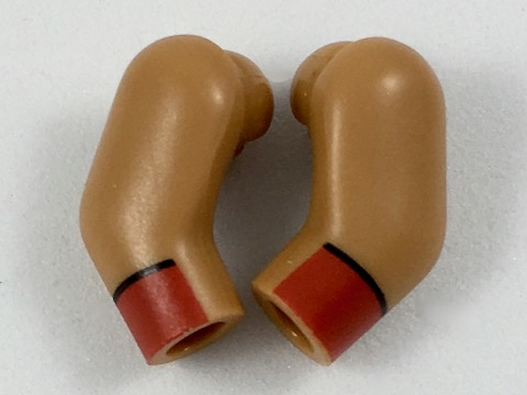 Lego Arm, (Matching Left and Right) Pair with Red Cuffs Pattern / Medium Nougat