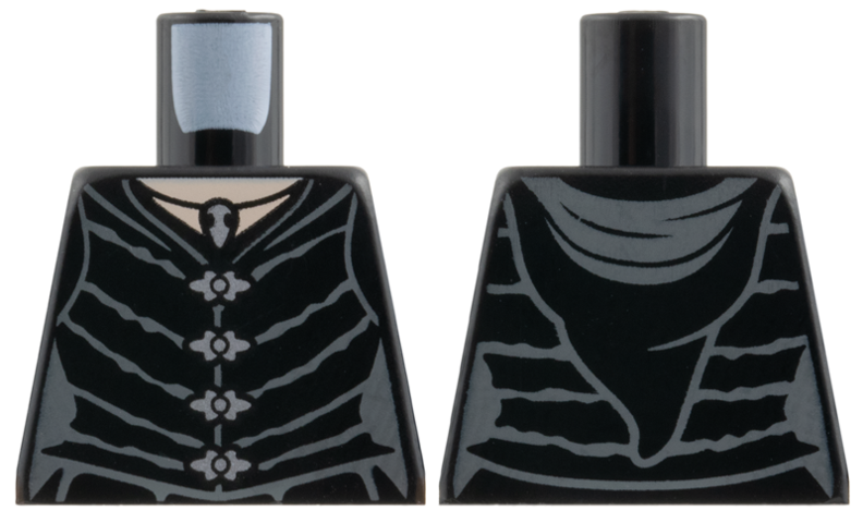 Lego Torso Female Robe with Dark Bluish Gray Lines, Silver Clasps and Pendant Necklace, Light Nougat Neck, Hood on Back Pattern / Black