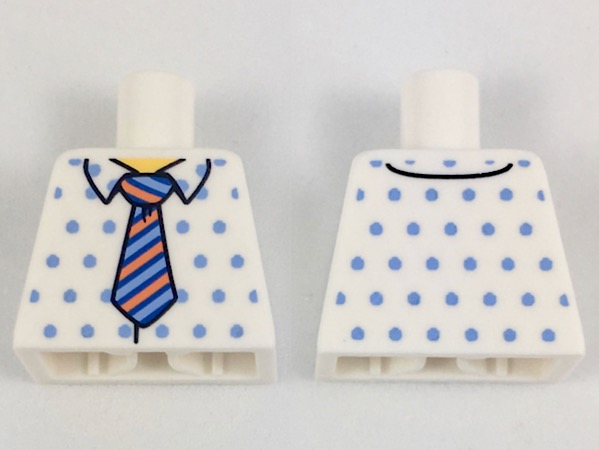 Lego Torso Shirt with Medium Blue Dots, Orange, Dark Blue and Bright Light Blue Striped Tie Pattern / White