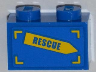 Lego Brick 1 x 2 with 'RESCUE' on Yellow Arrow Pattern Model Left Side (Sticker) - Set 4439