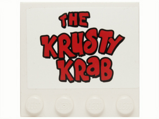 Lego Tile, Modified 4 x 4 with Studs on Edge with Red 'THE KRUSTY KRAB' Pattern (Sticker) - Set 3833