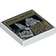 Lego Tile 2 x 2 with Paper Clip, Pumpkin Jack O' Lantern Image and 'STOLEN TROPHY' Newspaper Article Print / White
