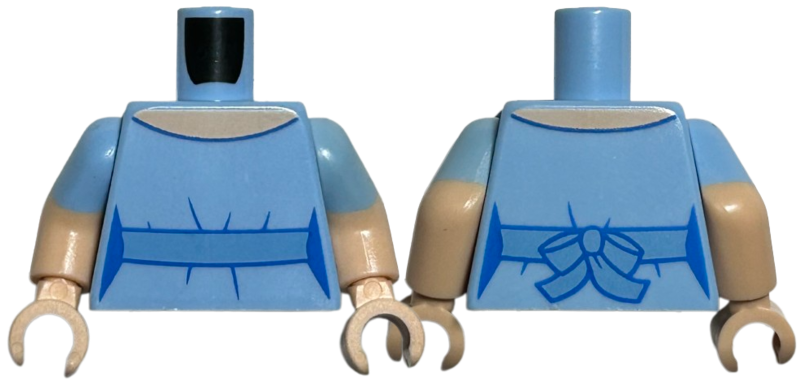 Lego Torso Female Dress Top with Medium Blue Waistband with Bow on Back, Light Nougat Neck Pattern / Light Nougat Arms with Molded Bright Light Blue Short Sleeves Pattern / Light Nougat Hands