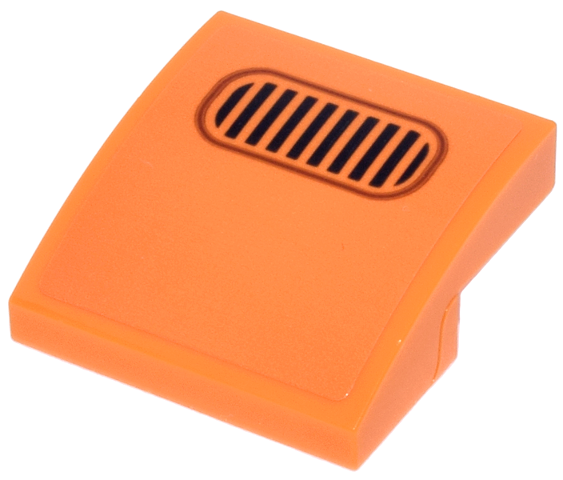 Lego Slope, Curved 2 x 2 x 2/3 with Dark Orange Oval and Black Vent Lines Pattern (Sticker) - Set 72044 / Orange
