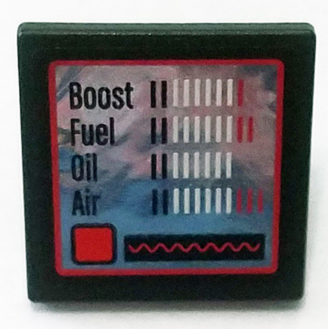 Lego Road Sign 2 x 2 Square with Open O Clip with Boost, Fuel, Oil, and Air Levels on Silver Mirrored Background Pattern (Sticker) - Set 75911