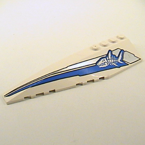 Lego Brick Wedged, Curved 12 x 3 Left with Shark Skeleton and Blue and Silver Stripes Print / White