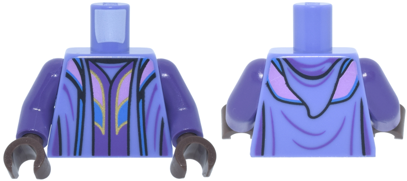 Lego Torso Robe Open with Hood over Dark Purple Top with Bright Pink and Dark Azure Curved Panels and Gold Trim Pattern / Dark Purple Arms / Umber Hands