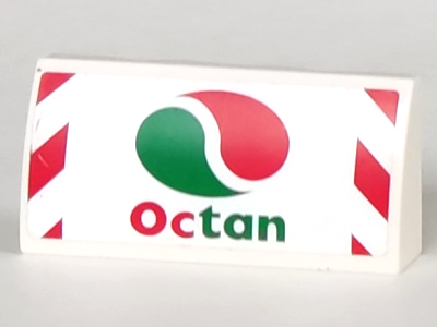 Lego Slope, Curved 2 x 4 x 2/3 with Bottom Tubes with Octan Logo and Red and White Danger Stripes on Outside Edges Pattern (Sticker) - Set 60022 / White