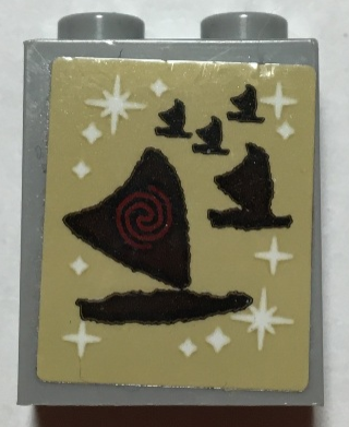 Lego Brick 1 x 2 x 2 with Inside Stud Holder with Polynesian Canoe with Triangular Sail, Red Spiral and White Stars on Tan Background Pattern (Sticker) - Set 41149
