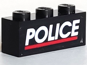 Lego Brick 1 x 3 with White 'POLICE' Red Line on Black Background Pattern (Sticker) - Set 6598
