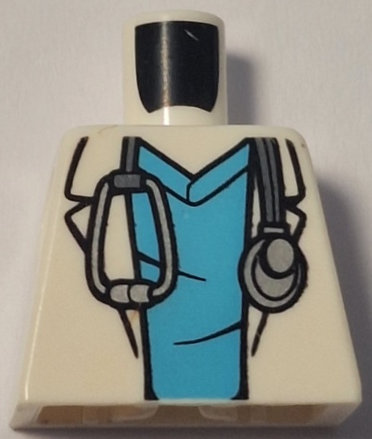 Lego Torso Hospital Lab Coat over Medium Azure Scrubs, Silver Stethoscope Pattern / White