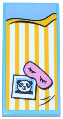 Lego Tile 2 x 4 with Blanket with Bright Light Orange and White Stripes, Bright Pink Eye Mask, Panda Photo and Bedsheet Pattern (Sticker) - Set 42648