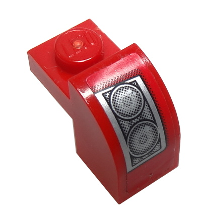 Lego Slope, Curved 2 x 1 x 1 1/3 with Recessed Stud with Silver Headlight on Red Background Pattern Model Left Side (Sticker) - Set 8185 / Red