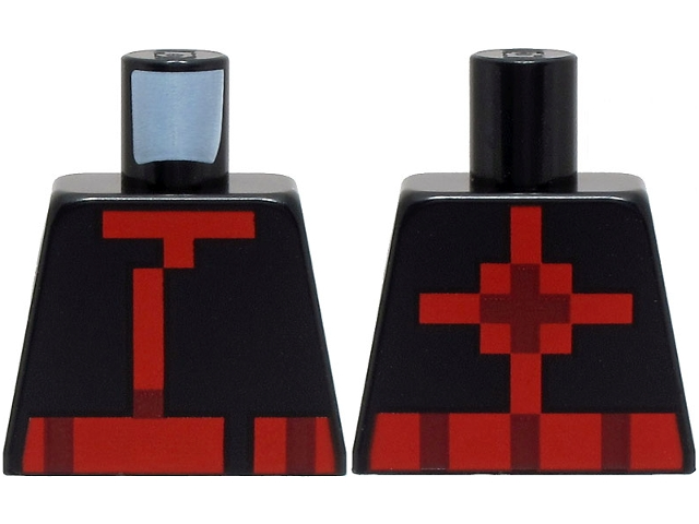 Lego Torso Pixelated Ninja Tunic with Red and Dark Red Hems and Sash, Cross on Back Pattern / Black