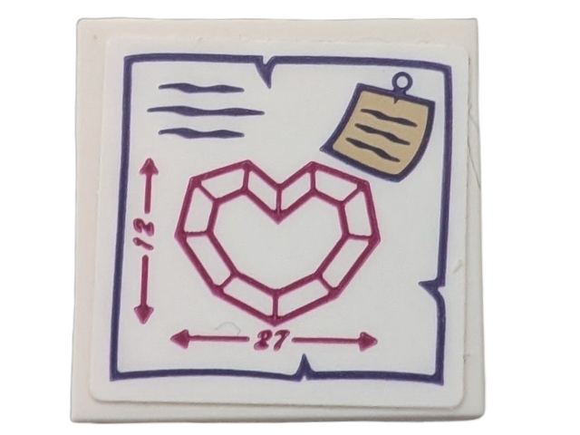 Lego Tile 2 x 2 with Magenta Heart with Dimensions Pattern (Sticker) - Set 41177 / White