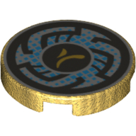 Lego Tile Round 2 x 2 with Black Circular Lines on Light Bluish Gray Background with Dark Azure Dots Print / Pearl Gold