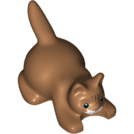 Lego Animal, Cat, Kitten Crouching with Black Eyes, Dark Brown Stripes on Head, and White Muzzle Print / Medium Nougat