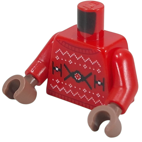 Lego Torso, Christmas Sweater, Black TIE Fighters, Moff Gideon on Back Print, Red Arms, Medium Brown Hands