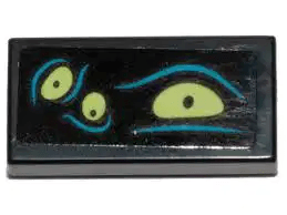 Lego Tile 1 x 2 with Yellowish Green Eyes and Dark Azure Lines Pattern 1 (Sticker) - Set 70433 / Black