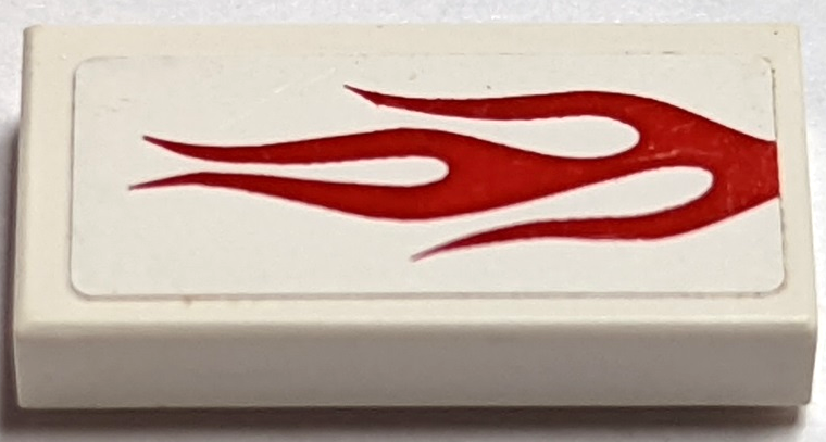 Lego Tile 1 x 2 with Red Flames on White Background Pattern Model Left Side (Sticker) - Set 8182 / White