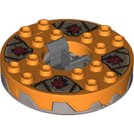 Lego Turntable 6 x 6 Round Flat Silver Base Serrated with Dark Red Faces on Dark Tan and Dark Gray Print (Ninjago Spinner) / Orange