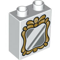 Lego Duplo Brick 1 x 2 x 2 with Silver Mirror and Gold Frame Print / White