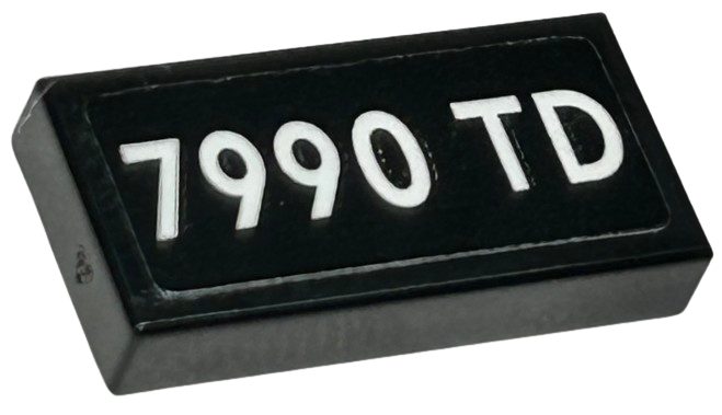Lego Tile 1 x 2 with White '7990 TD' Font Type 2 Pattern (Sticker) - Set 76424 / Black