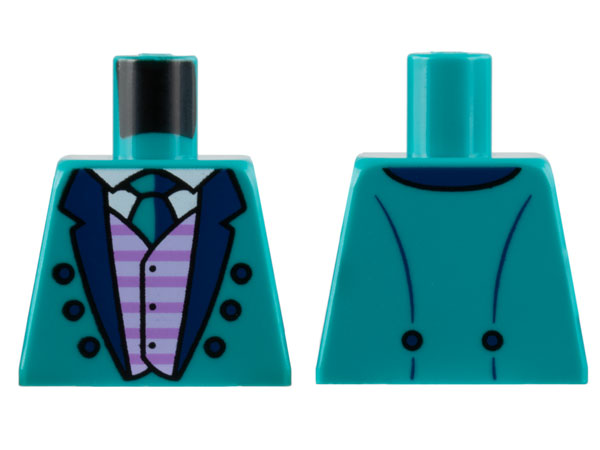Lego Torso Tuxedo Jacket with Dark Blue Lapels and Buttons, Lavender Striped Vest, White Shirt, Tie Pattern / Dark Turquoise