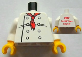 Lego Torso Chef with 8 Buttons, Long Red Neckerchief Scarf Front, 2012 The LEGO Store Victor, NY Back Pattern / White Arms / Yellow Hands