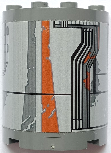 Lego Cylinder Half 2 x 4 x 4 with Light Bluish Gray Hull Plates, Black Lines, Pipes, Oil Stains and Dark Orange Rust Marks Pattern Model Right Side (Sticker) - Set 75178