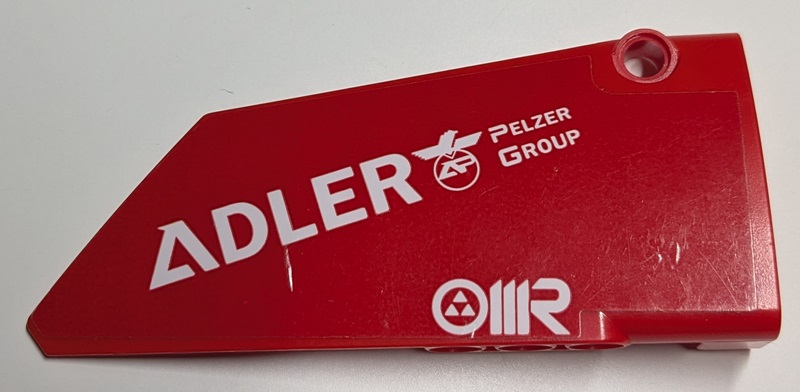 Lego Technic, Panel Fairing #18 Large Smooth, Side B with White 'ADLER PELZER GROUP' and 'OMR' Pattern (Sticker) - Set 42125