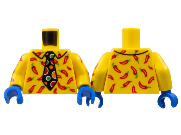 Lego Torso Collar Shirt, Red Peppers, Black Tie with Red, Orange and Bright Green Polka Dots Pattern / Yellow Arms with Red Peppers Pattern / Blue Hands
