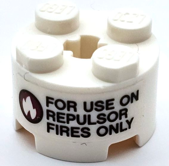 Lego Brick, Round 2 x 2 with Axle Hole with 'FOR USE ON REPULSOR FIRES ONLY' and Flames in Black and Dark Red Circle Pattern (Sticker) - Set 76105